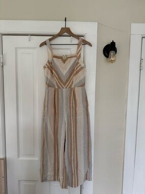 Anthropologie Striped Linen-Blend Jumpsuit in Beige and Gray